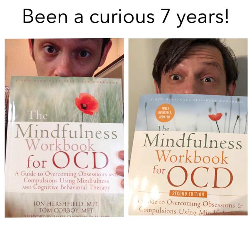 Jon Hershfield with first and second editions of Mindfulness Workbook for OCD